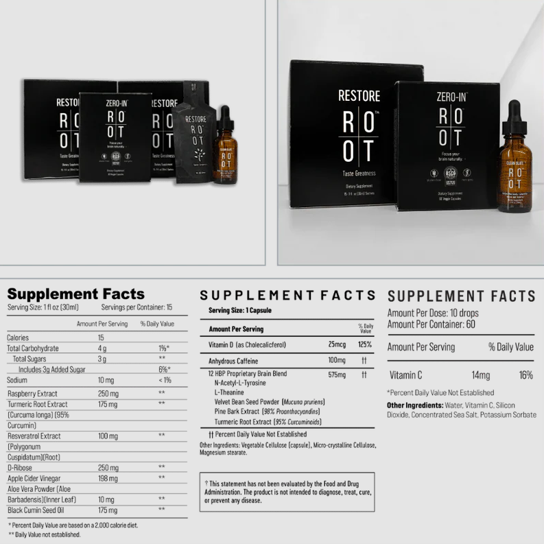 ROOT Trinity Pack Plus (Clean Slate 30 ml, Zero-In 60 Kapseln, RESTORE 30 Sachets)